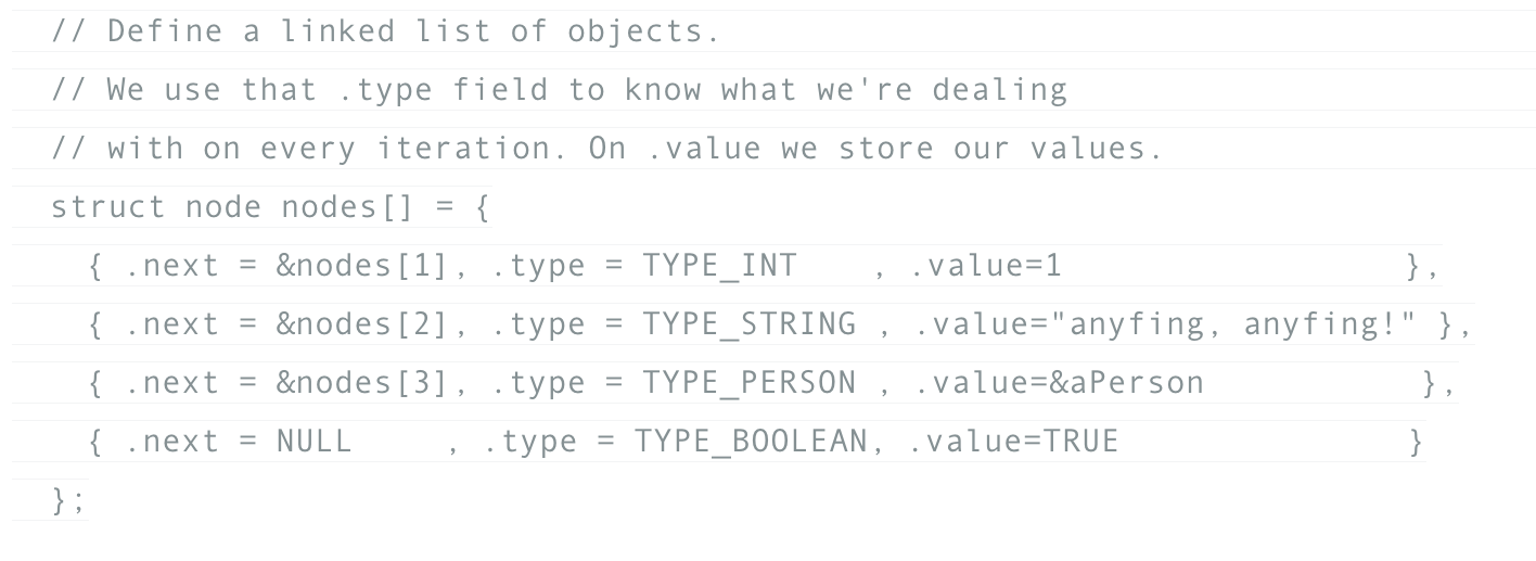 How to create a list that holds different object types using `void*` in C.
